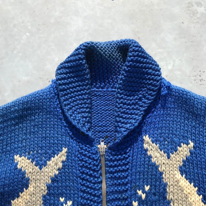 50's 60's UNKNOWN カウチンニットセーター シャケ 鮭 ブルー FLASH