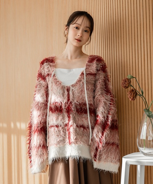 あーちゃん エムズグレイシー レッドxグリーンチェックニット ビッグ