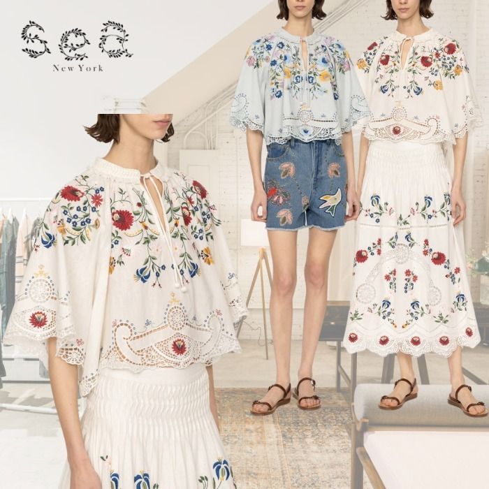 限定! Sea NY (シーニューヨーク) 花柄 刺繍 クロップド シャツ (Sea