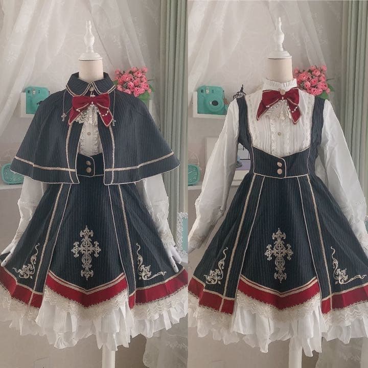 ロリータ 制服 学生服 学園 ケープ コスプレ ネイビー ワンピース 魔法学園風ケープ付きロリータセットアップ：ブラウス opf149 | 可愛い